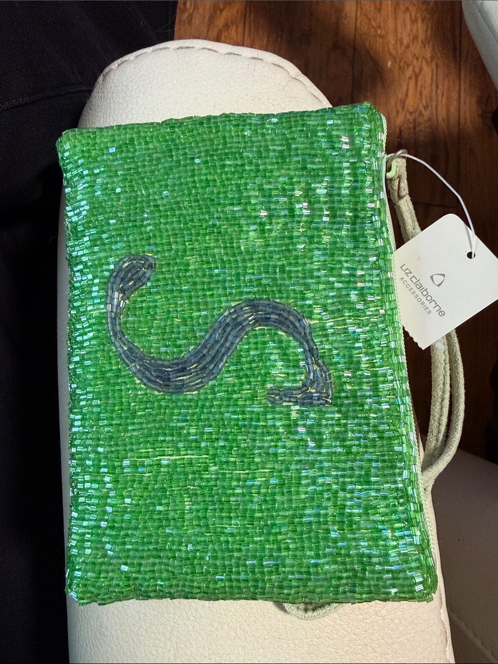 Liz Claiborne Lime Green Beaded Wristlet with Dark Bead Swirl
